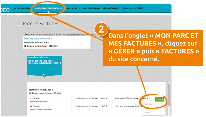 Tutoriel étape 2 : Dans l’onglet «MON PARC ET MES FACTURES», cliquez sur «GÉRER» puis «FACTURES» du site concerné.