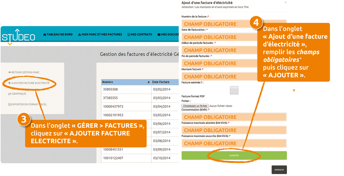 Tutoriel étape 3 & 4 : Dans l’onglet «GÉRER > FACTURES», cliquez sur «AJOUTER FACTURE ELECTRICITE». Dans l’onglet «Ajout d’une facture d’électricité», remplir les champs obligatoires* puis cliquez sur «AJOUTER». 